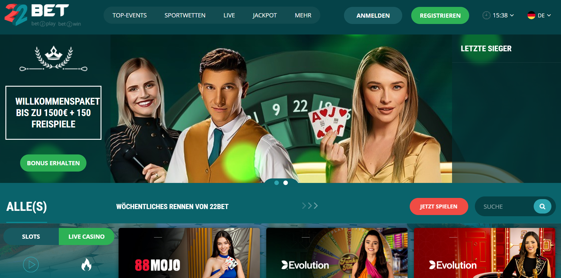 22Bet Startseite mit Willkommenspaket bis zu 1.500 Euro plus 150 Freispiele und Live-Casino