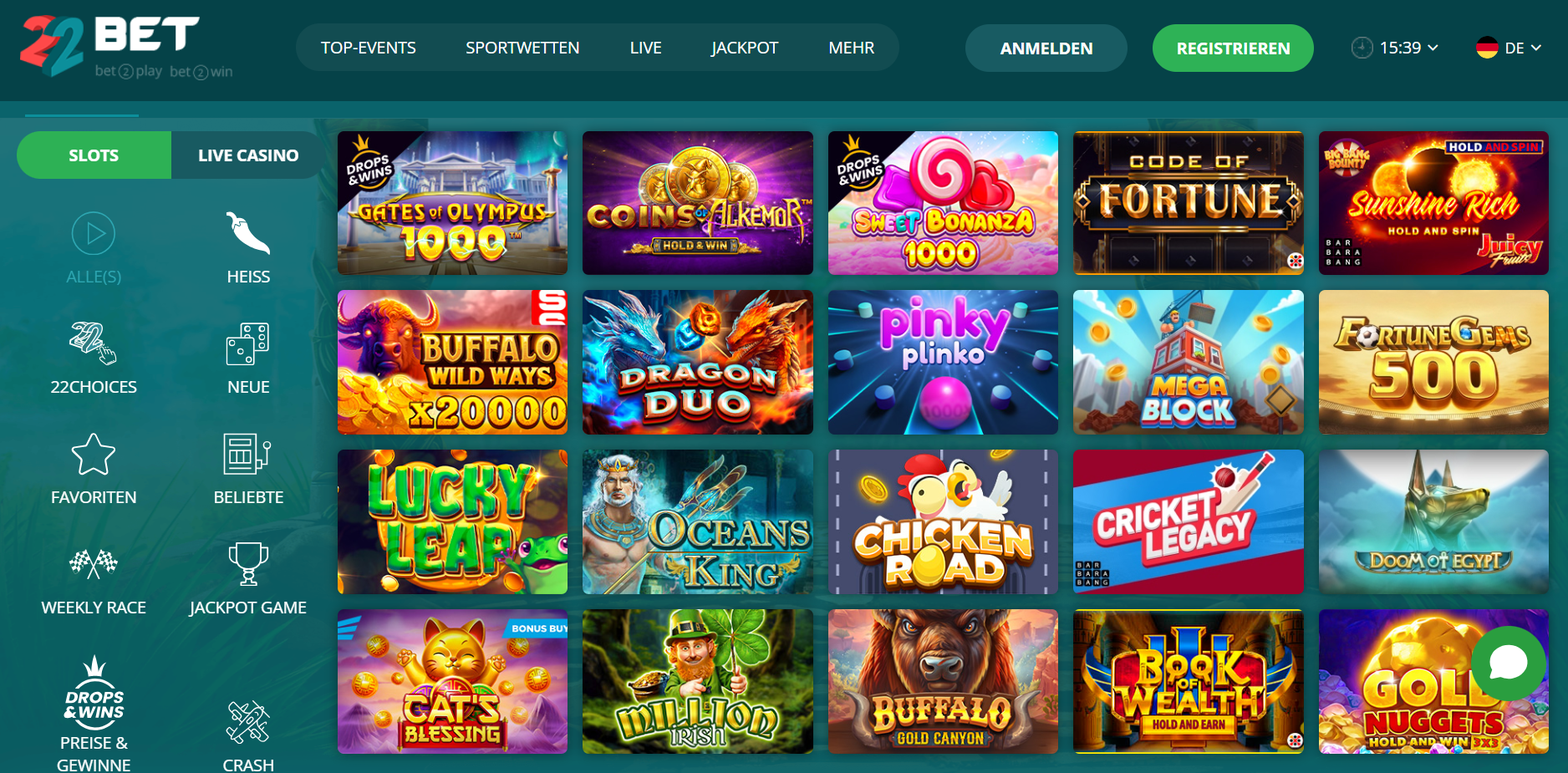 22Bet Spielauswahl mit Slots wie Gates of Olympus 1000 und Sweet Bonanza 1000