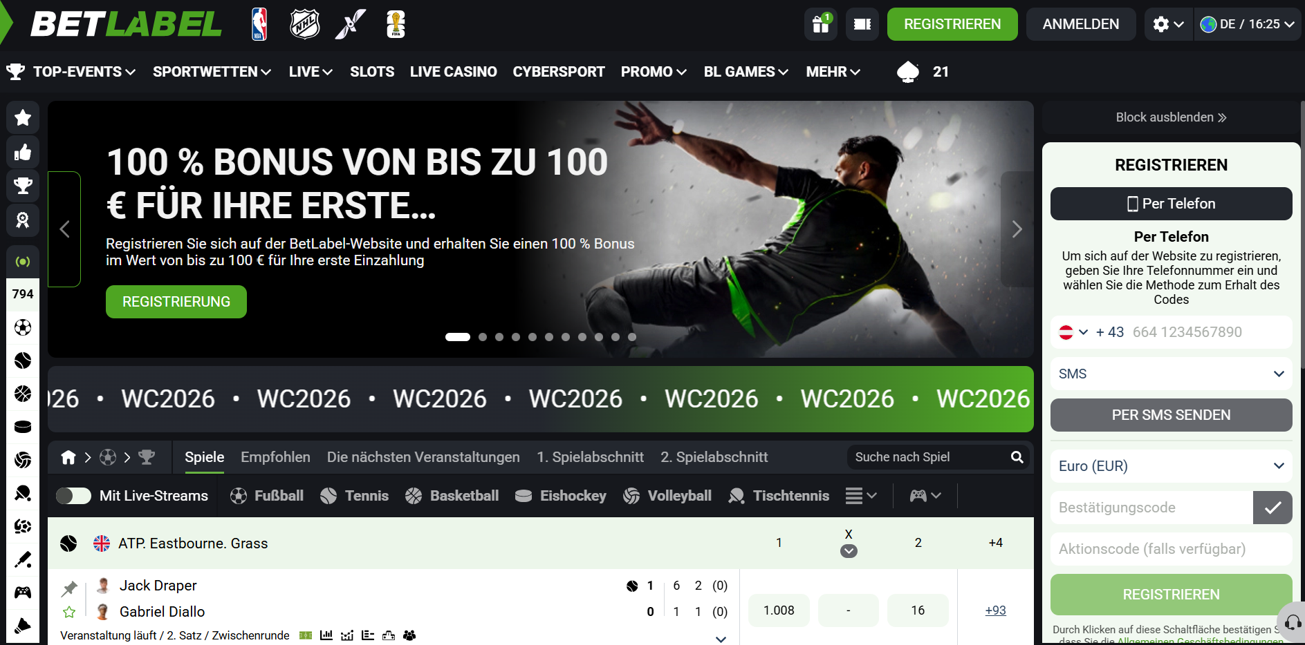 Betlabel Startseite mit 100 Prozent Bonus bis 100 Euro und Sportwetten