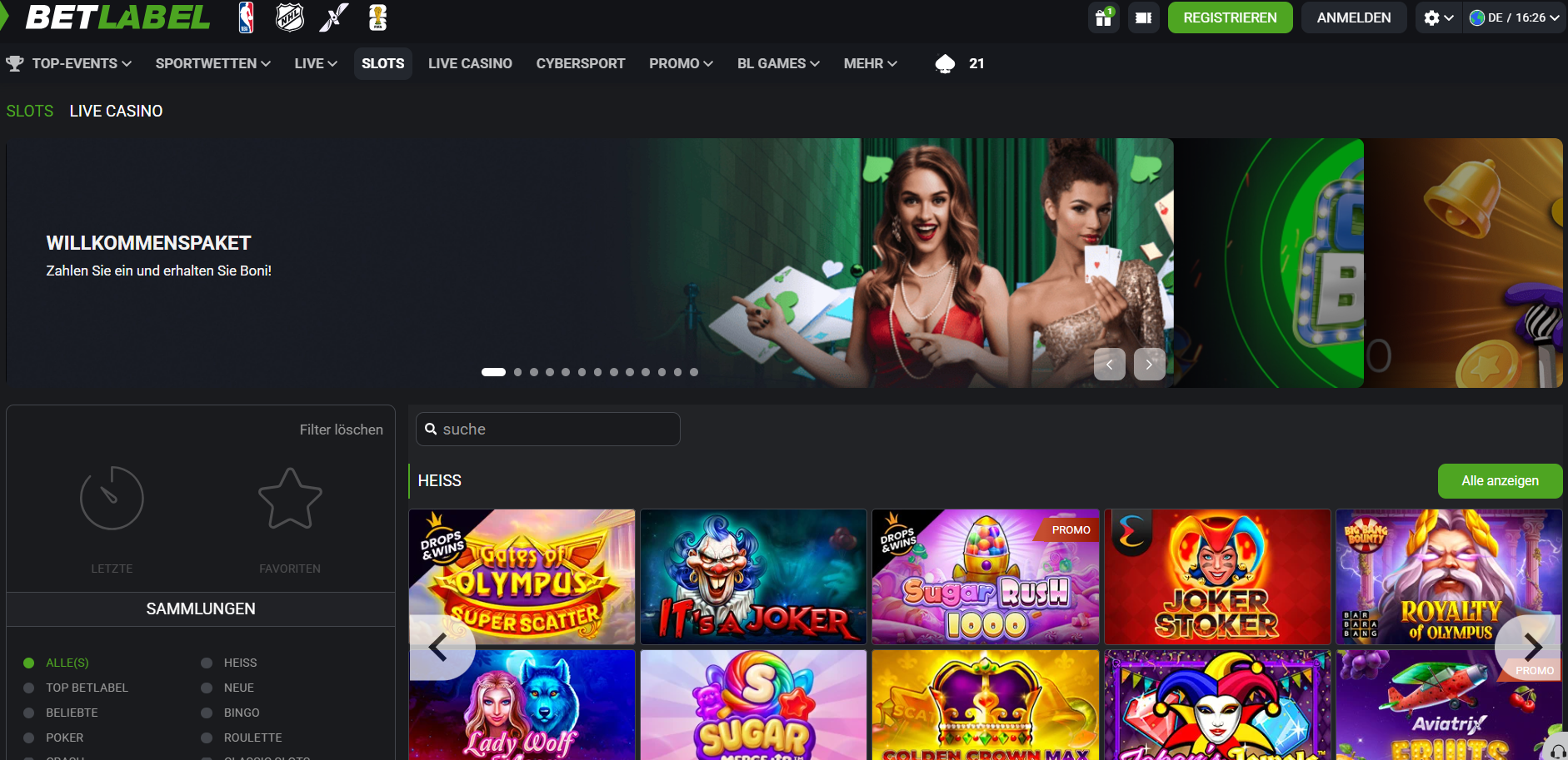 Betlabel Slots- und Live-Casino-Bereich mit Gates of Olympus und Sugar Rush