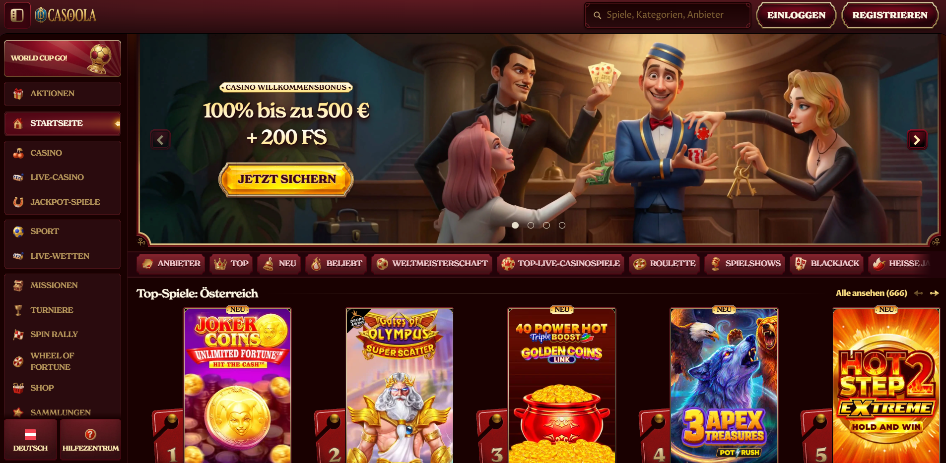 Casoola Startseite mit Casino-Willkommensbonus 100 Prozent bis 500 Euro plus 200 Freispiele