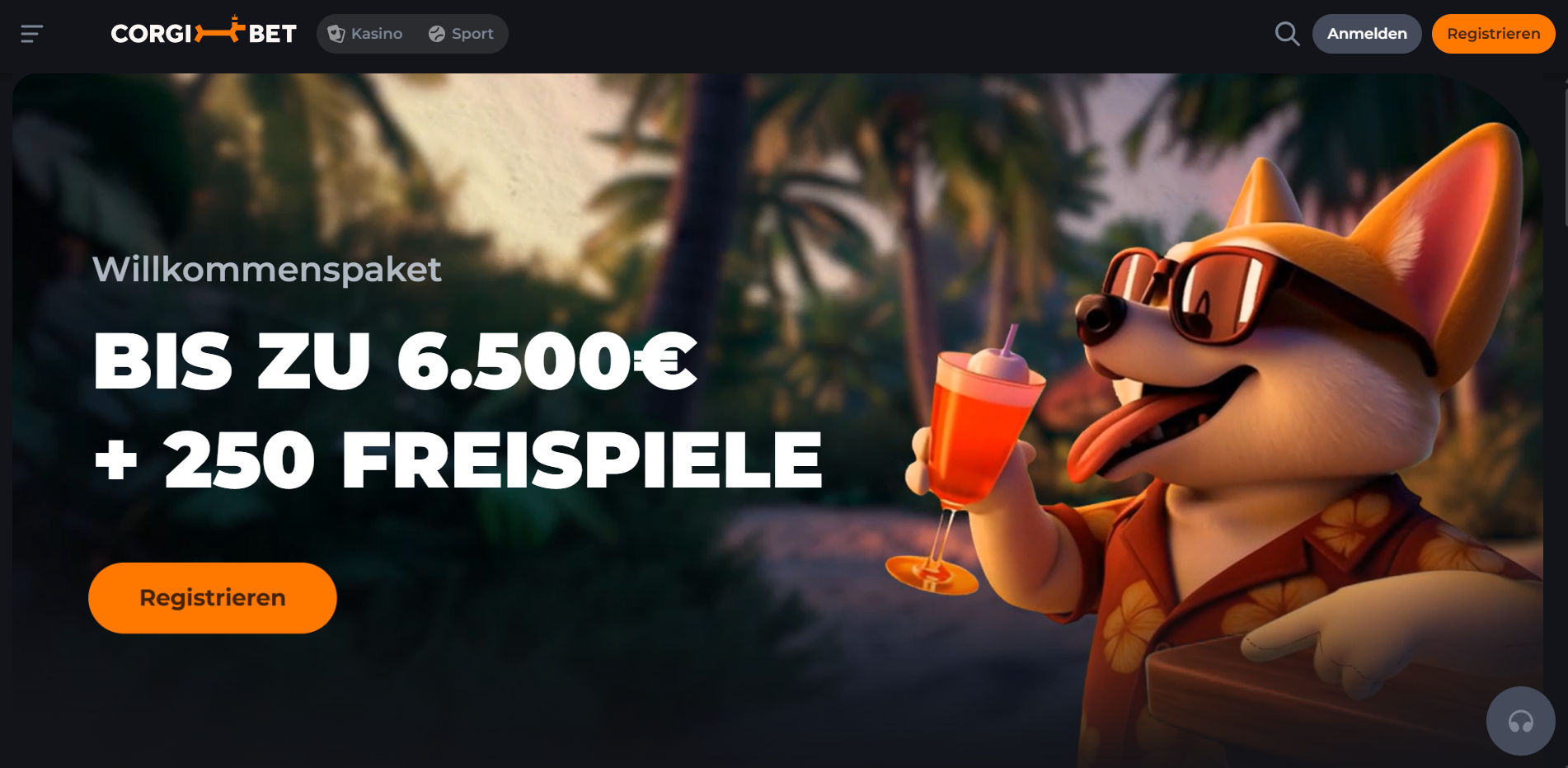 CorgiBet Startseite mit Willkommenspaket bis zu 6.500 Euro plus 250 Freispiele