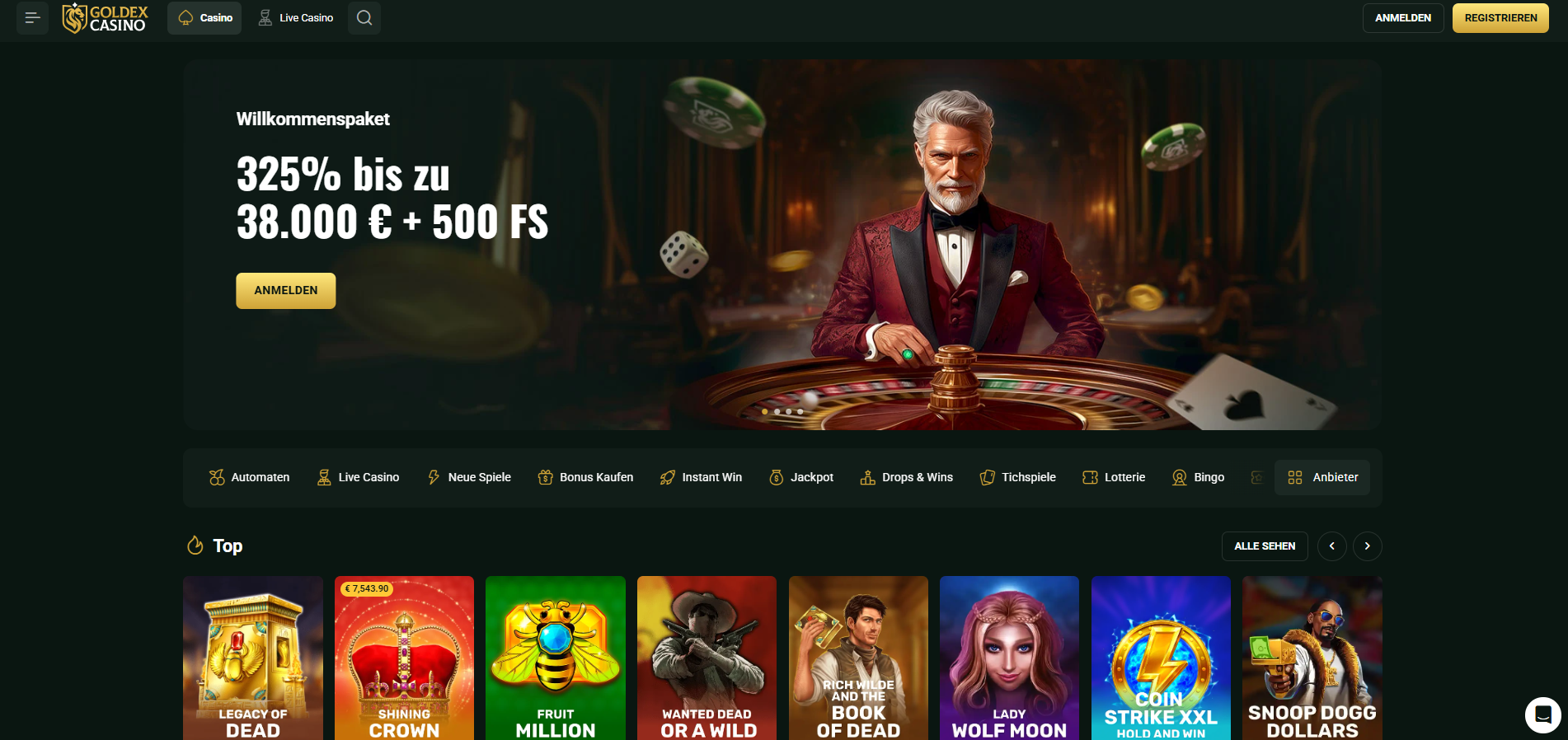Goldex Startseite mit Willkommenspaket 325 Prozent bis 38.000 Euro plus 500 Freispiele
