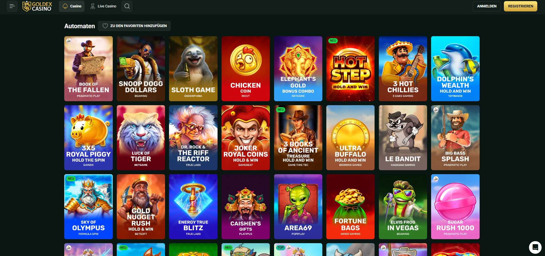 Goldex Rubrik Automaten mit Book of the Fallen und Big Bass Splash