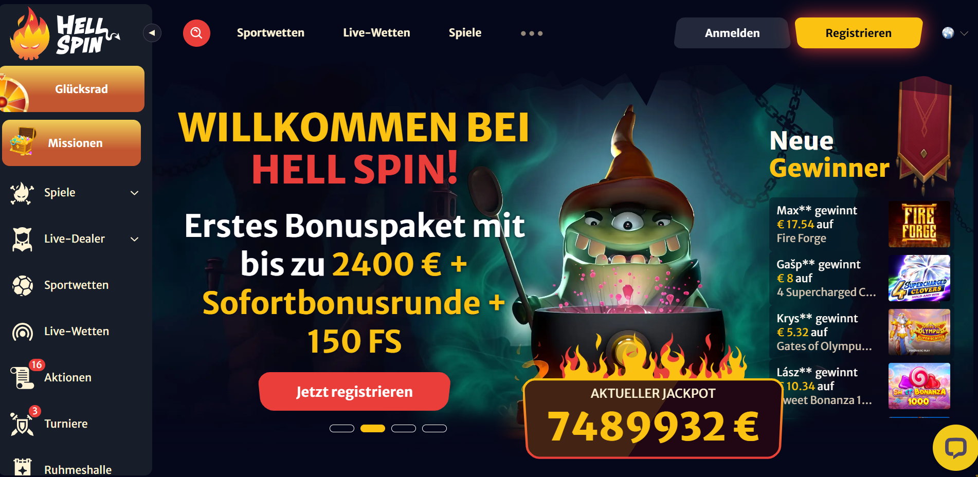 Hell Spin Startseite mit Willkommensbonus bis zu 2.400 Euro plus 150 Freispiele