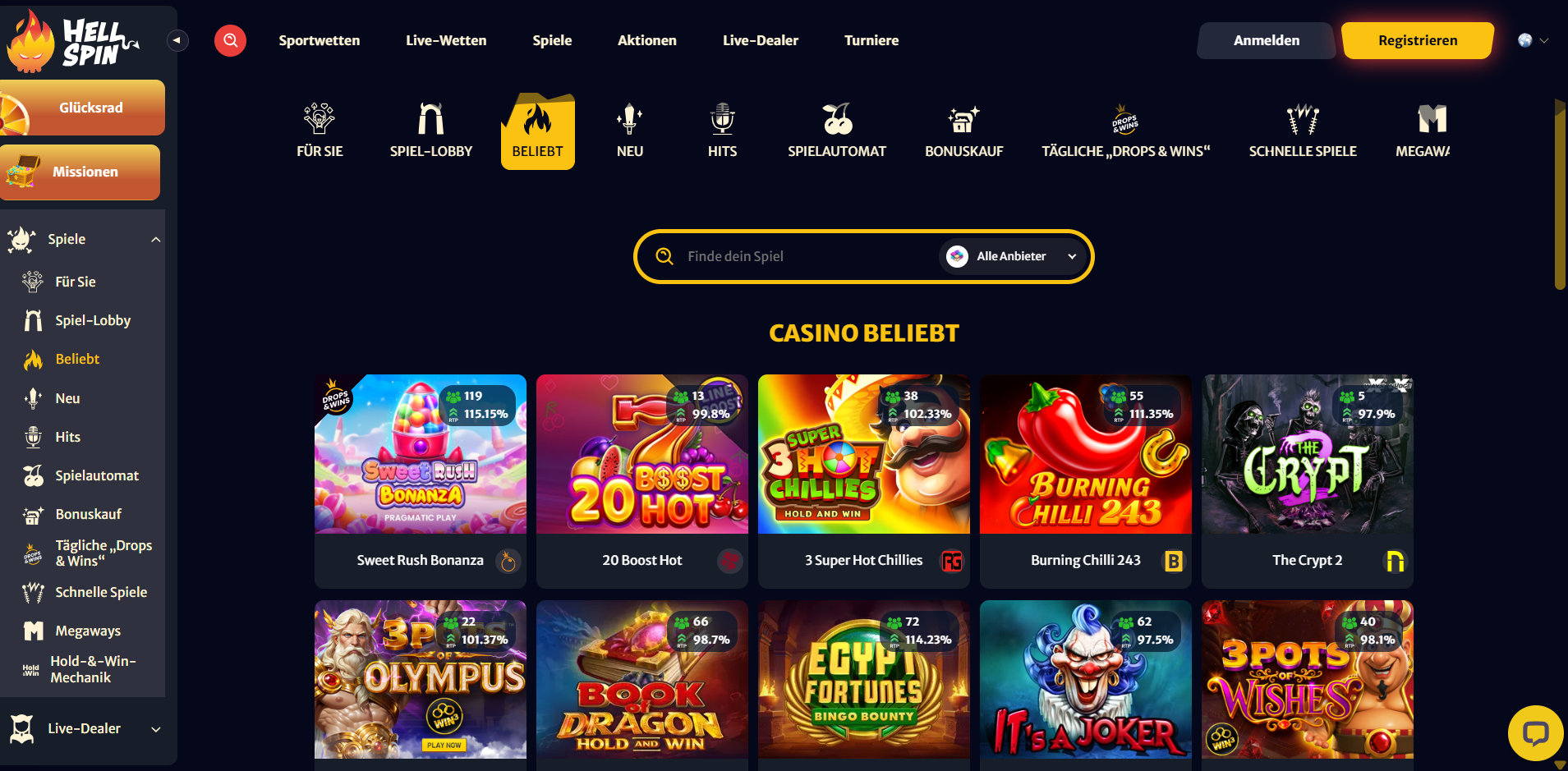 Hell Spin Spielauswahl mit beliebten Slots wie Sweet Rush Bonanza und Gates of Olympus