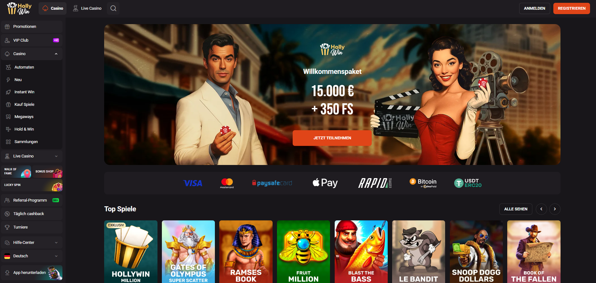 Hollywin Startseite mit Willkommenspaket 15.000 Euro plus 350 Freispiele und App-Button