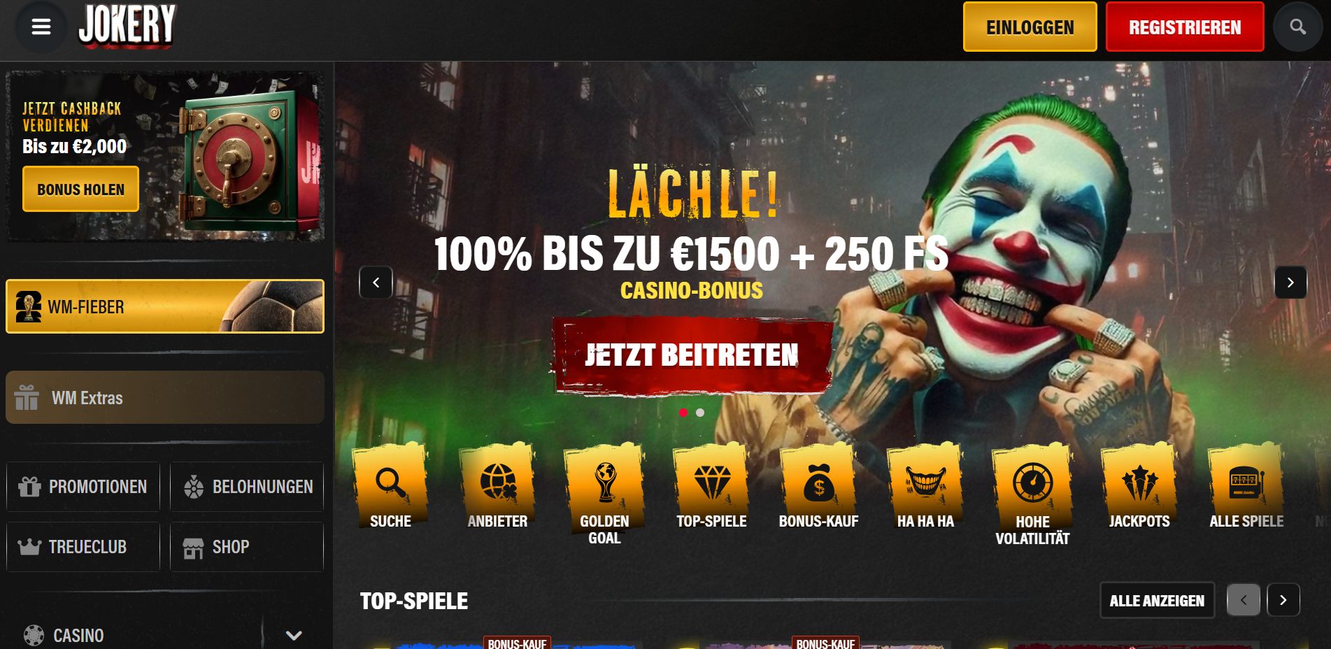 Jokery Startseite mit Casino-Bonus 100 Prozent bis 1.500 Euro plus 250 Freispiele