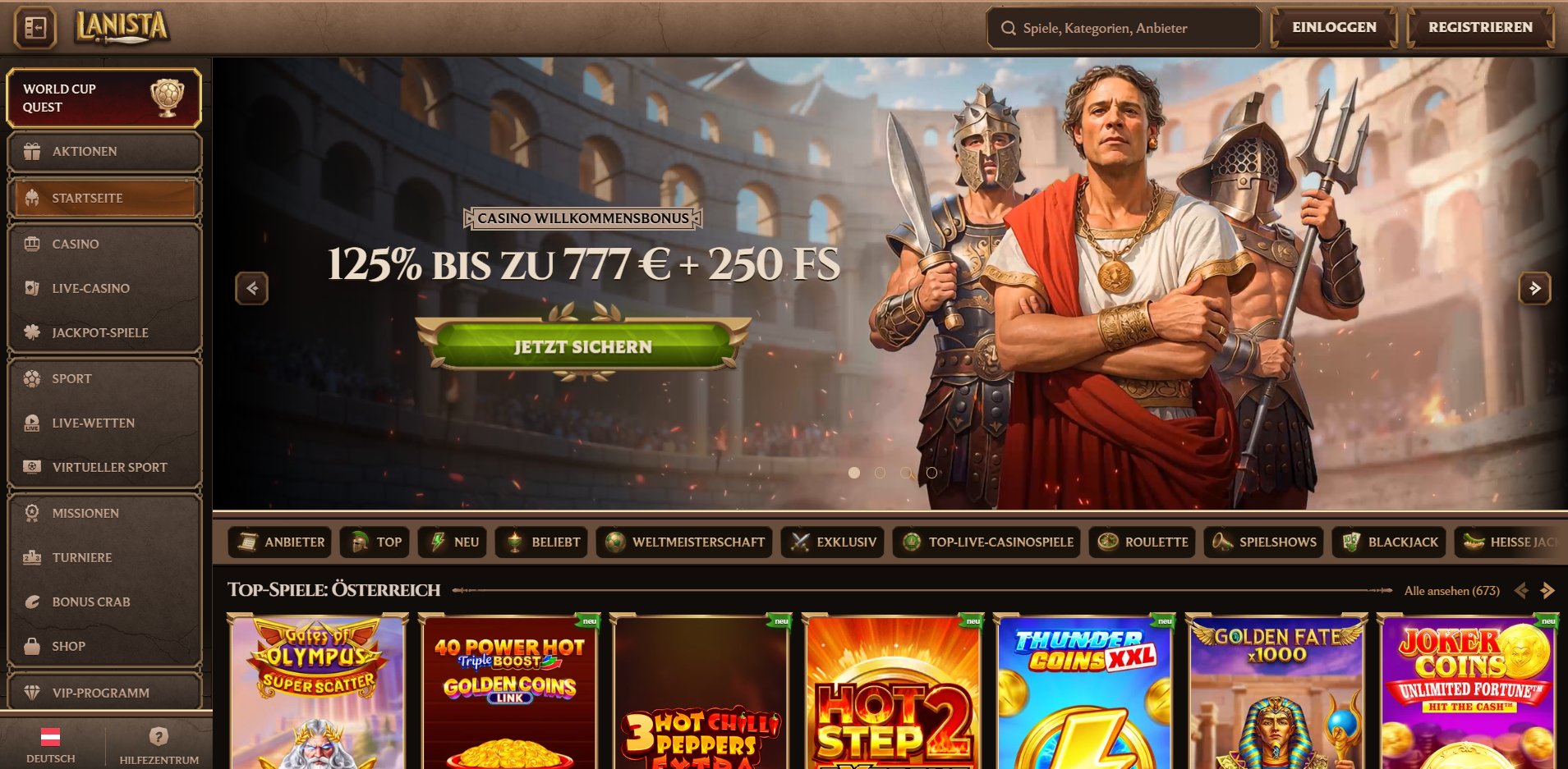 Lanista Startseite mit Willkommensbonus 125 Prozent bis 777 Euro plus 250 Freispiele