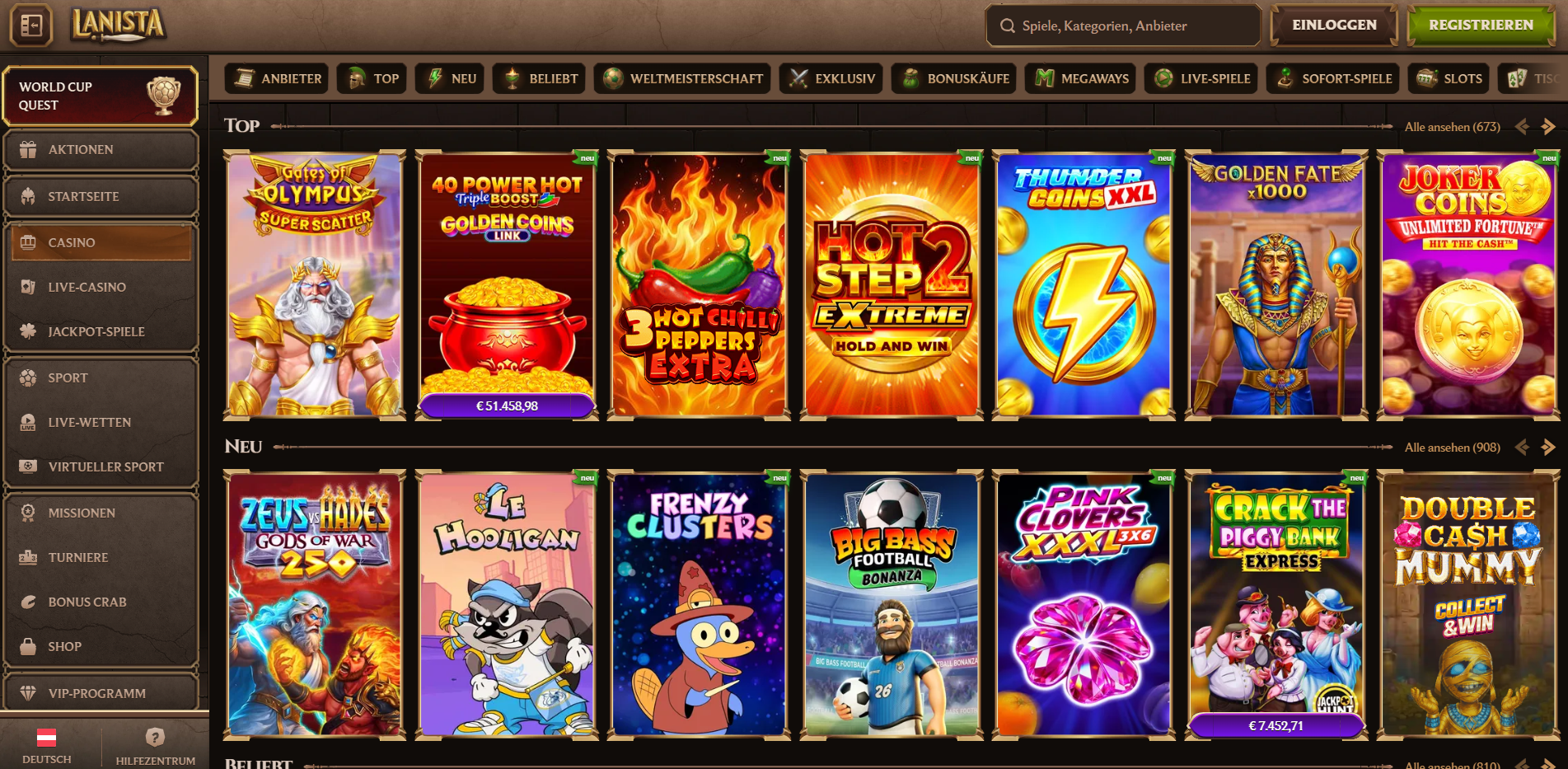 Lanista Spielauswahl mit über 9.000 Slots nach Top und Neu sortiert