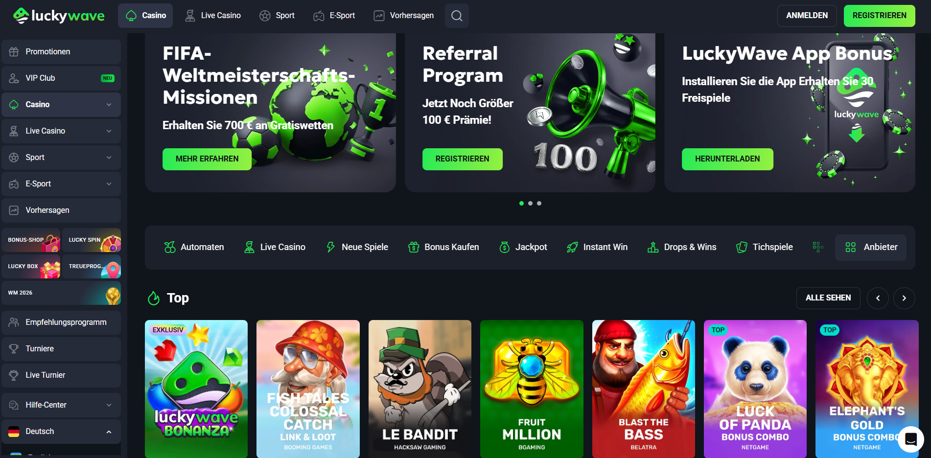 Luckywave Startseite mit App-Bonus 30 Freispiele, FIFA-WM-Missionen und Top-Slots wie LuckyWave Bonanza und Le Bandit