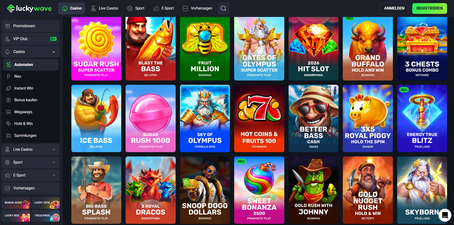 Luckywave Automaten-Lobby mit Slots wie Sugar Rush Super Scatter, Gates of Olympus und Sweet Bonanza 2500