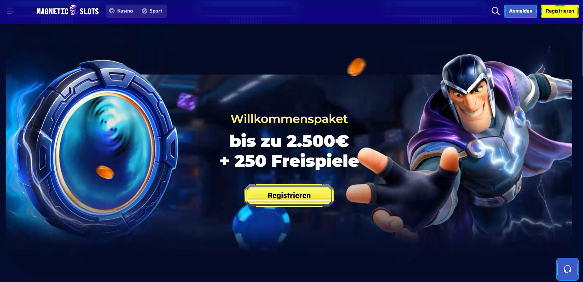 MagneticSlots Startseite mit Willkommenspaket bis zu 2.500 Euro plus 250 Freispiele