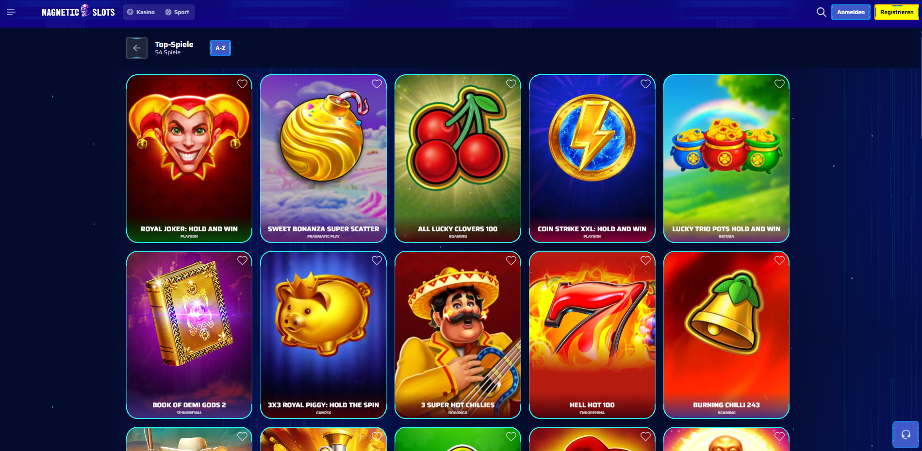 MagneticSlots Spielauswahl mit Slots wie Royal Joker und Sweet Bonanza