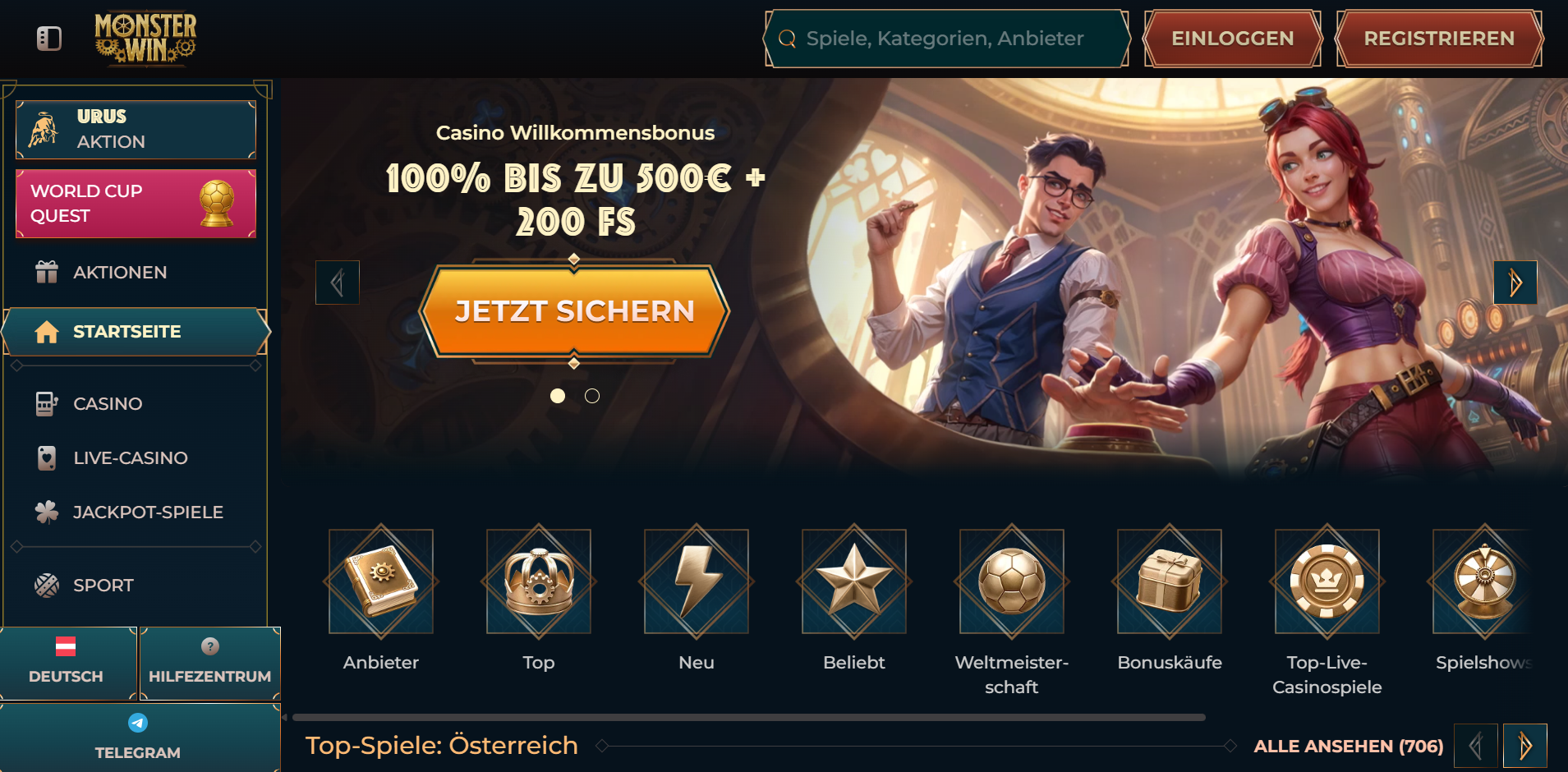 MonsterWin Startseite mit Casino-Willkommensbonus 100 Prozent bis 500 Euro plus 200 Freispiele