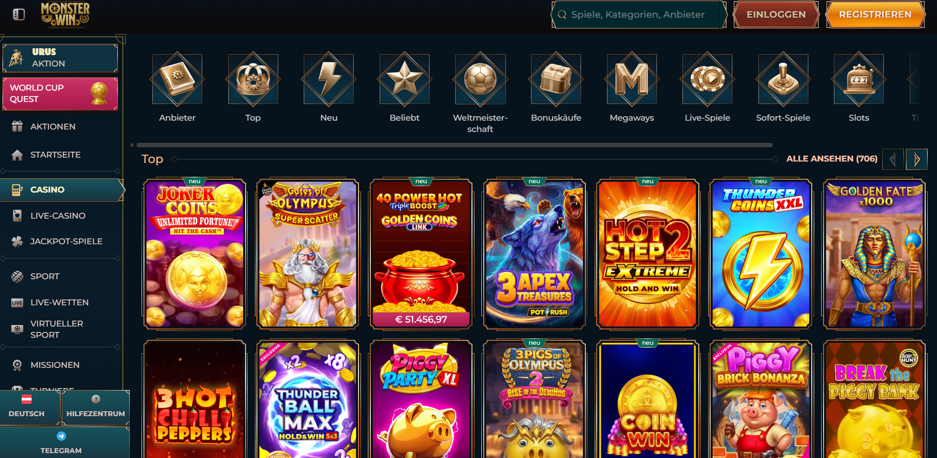 MonsterWin Spielauswahl Top-Spiele Österreich mit über 700 Slots