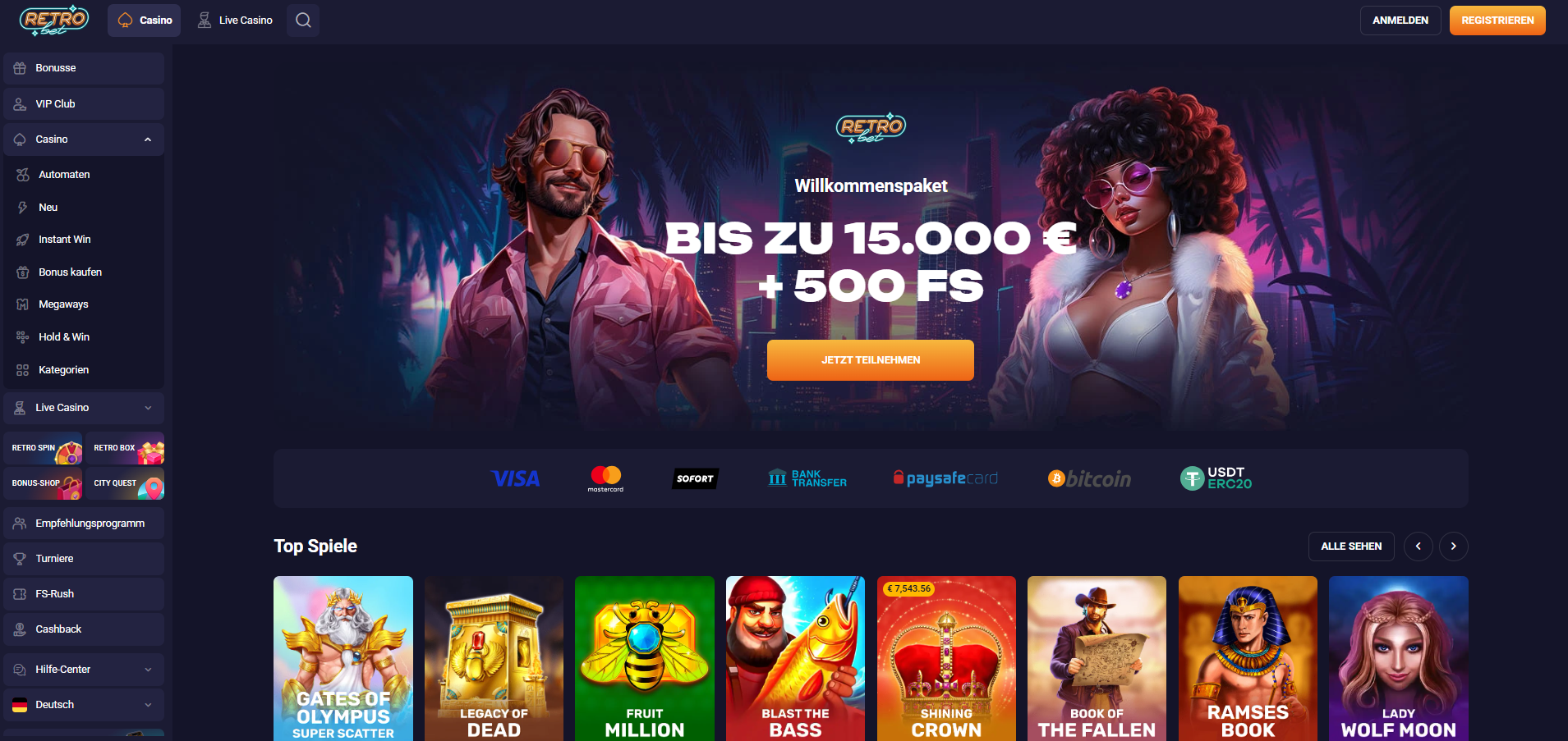 Retrobet Startseite mit Willkommenspaket bis zu 15.000 Euro plus 500 Freispiele und App-Button