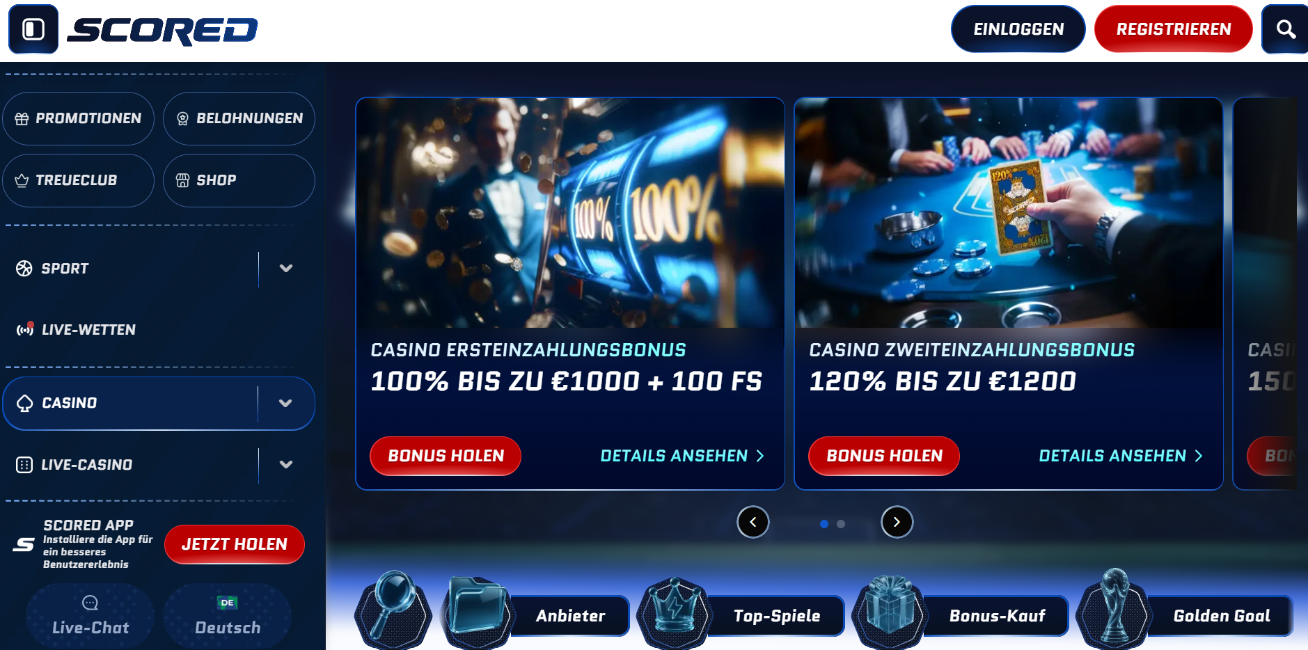 Scored Startseite mit Casino-Ersteinzahlungsbonus 100 Prozent bis 1.000 Euro plus 100 Freispiele