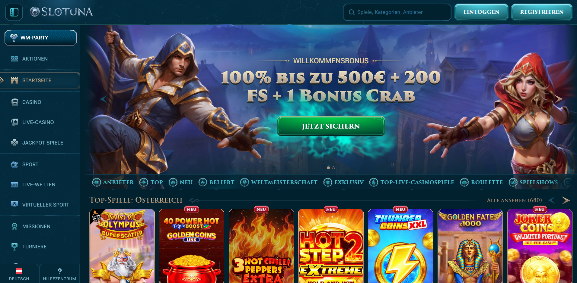 Slotuna Startseite mit Willkommensbonus 100 Prozent bis 500 Euro plus 200 Freispiele und Bonus Crab