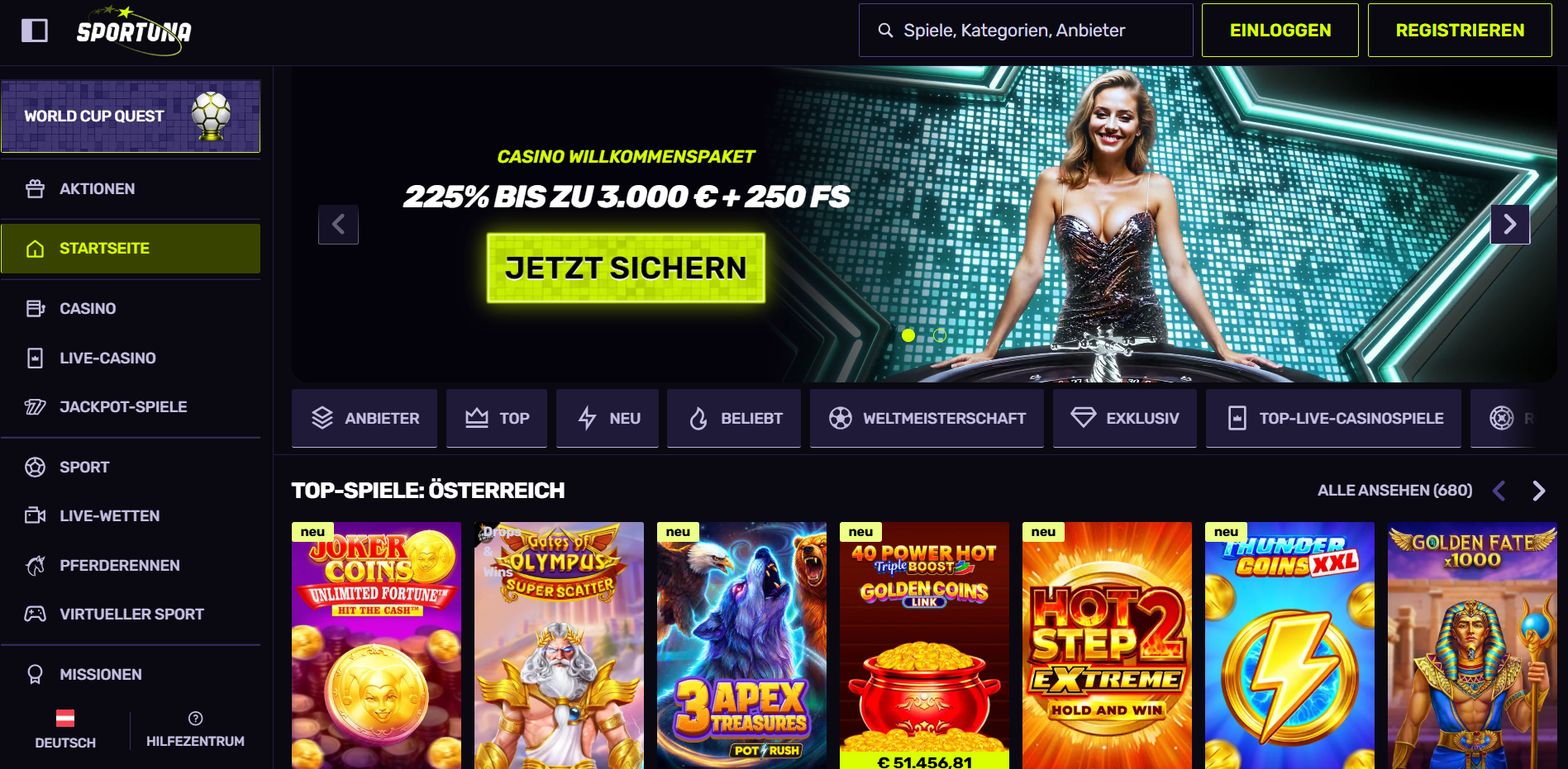 Sportuna Startseite mit Casino-Willkommenspaket 225 Prozent bis 3.000 Euro plus 250 Freispiele