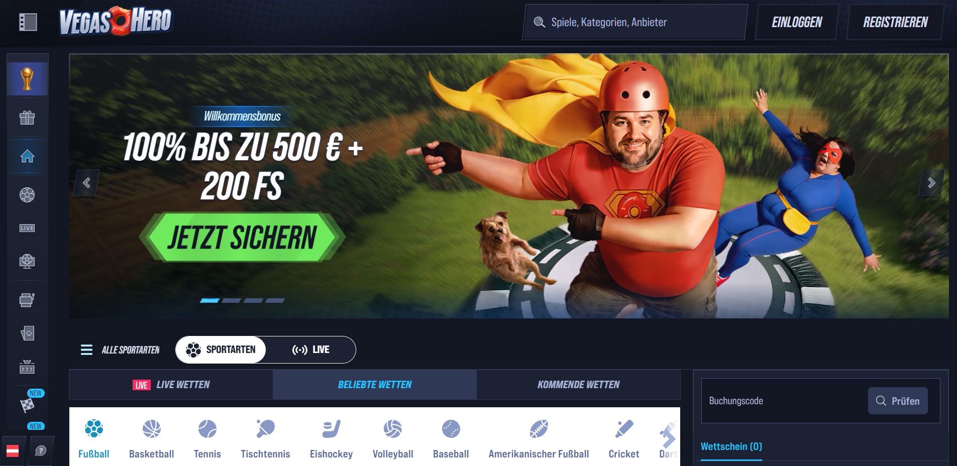 VegasHero Startseite mit Willkommensbonus 100 Prozent bis 500 Euro plus 200 Freispiele und Sportwetten