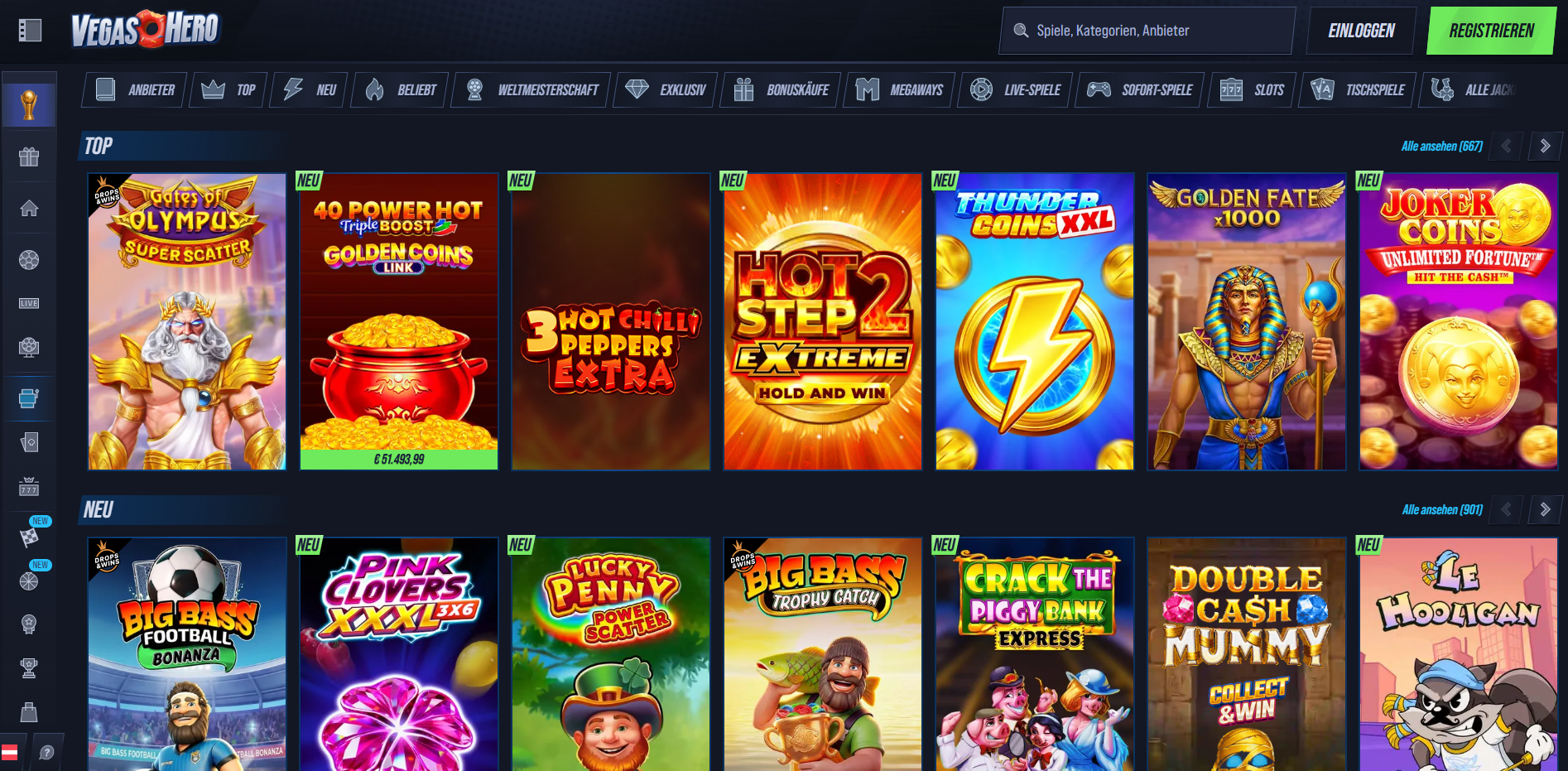 VegasHero Spielauswahl mit Slots wie Gates of Olympus und Big Bass