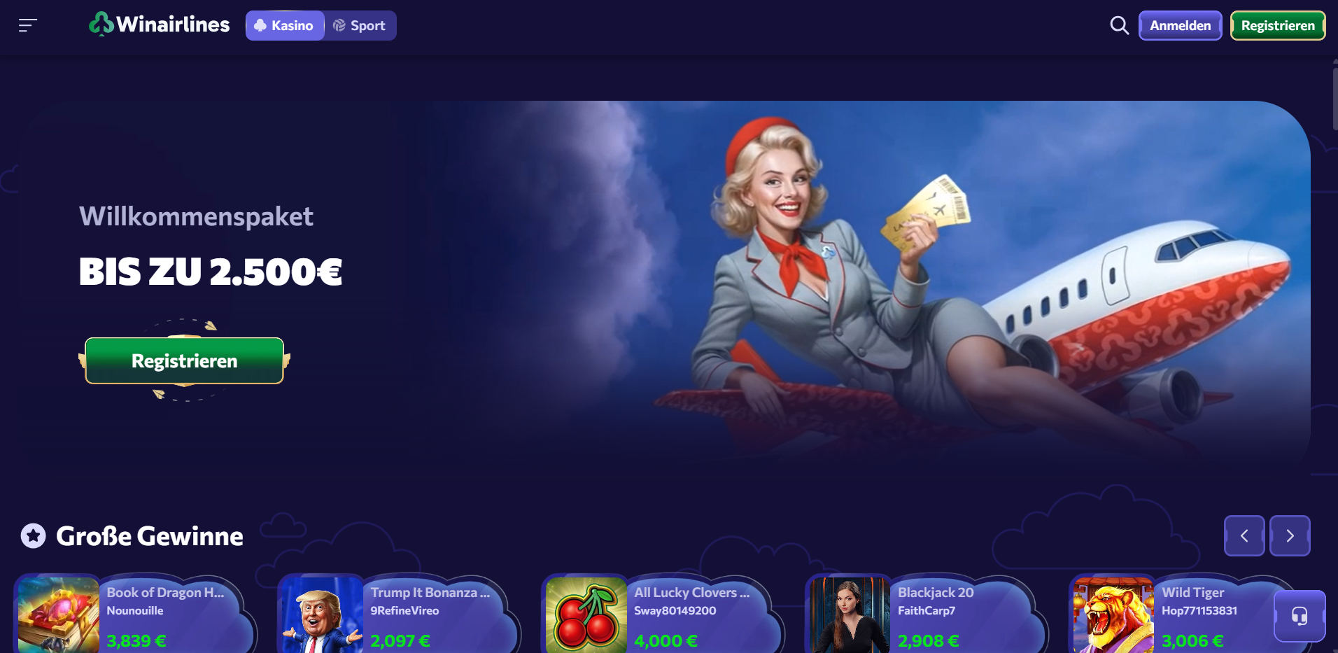 WinAirlines Startseite mit Willkommenspaket bis zu 2.500 Euro