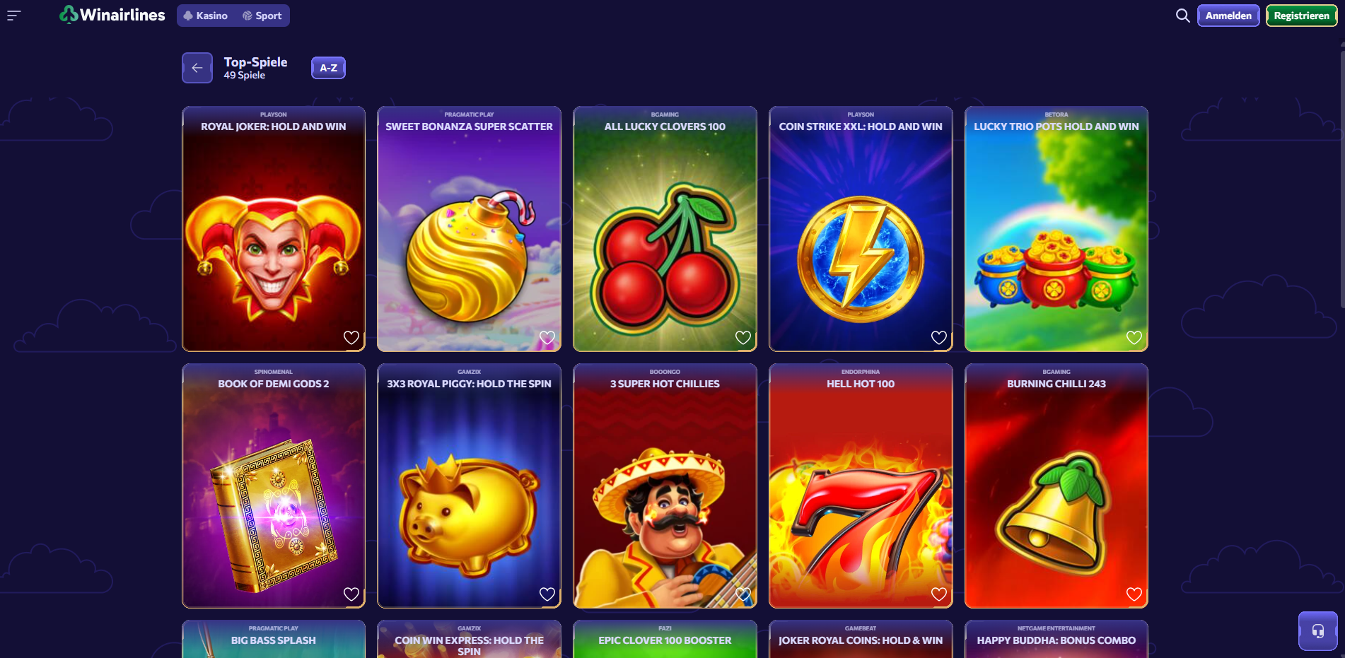 WinAirlines Spielauswahl mit Top-Spielen wie Royal Joker und Sweet Bonanza