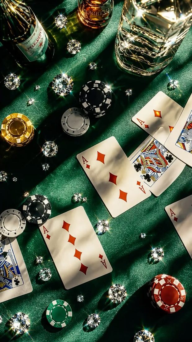 Casino Bonus ohne Einzahlung in Österreich – Spielkarten, Casino-Chips und Diamanten auf grünem Filz