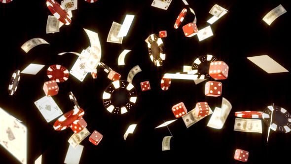 Online Casino-Spiele in Österreich – fliegende Spielkarten, Würfel und Casino-Chips